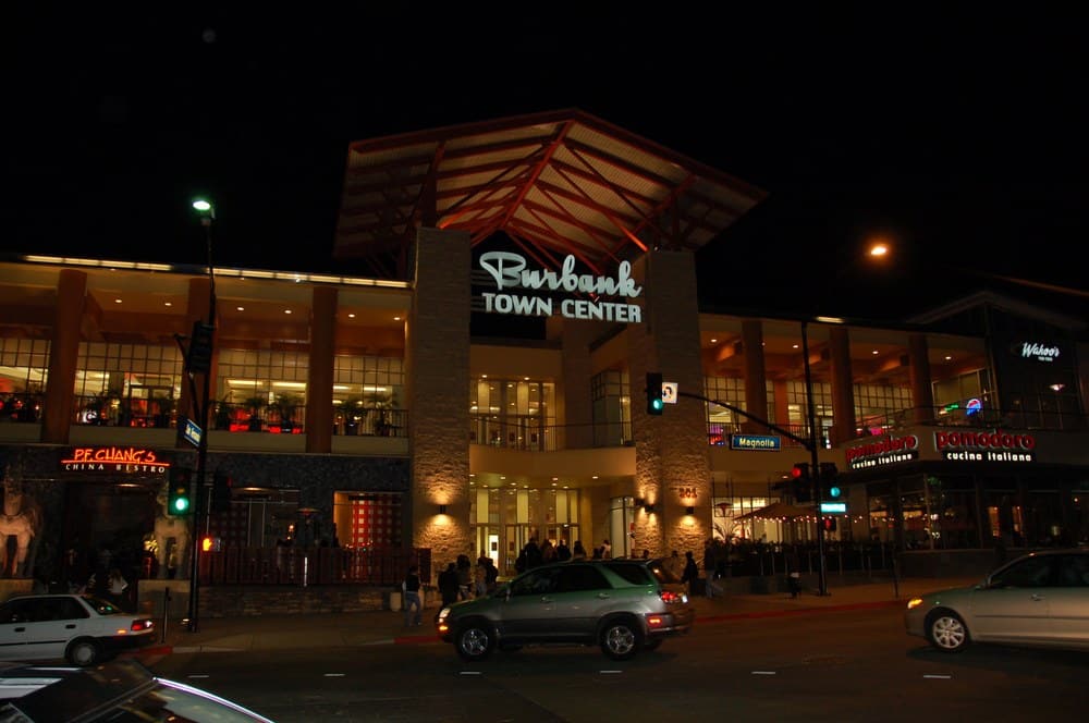 Burbank Town Center entrance lit up at night