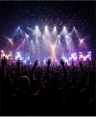 Crowd with raised hands facing a concert stage under colorful lights (concept image)