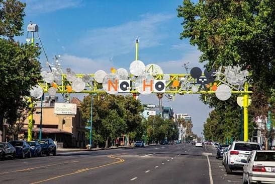 NoHo Arts District gateway sign over Lankershim Boulevard in North Hollywood