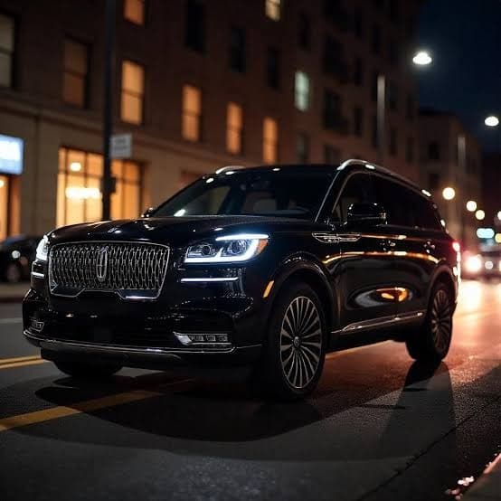 Black Lincoln Aviator parked on a city street at night